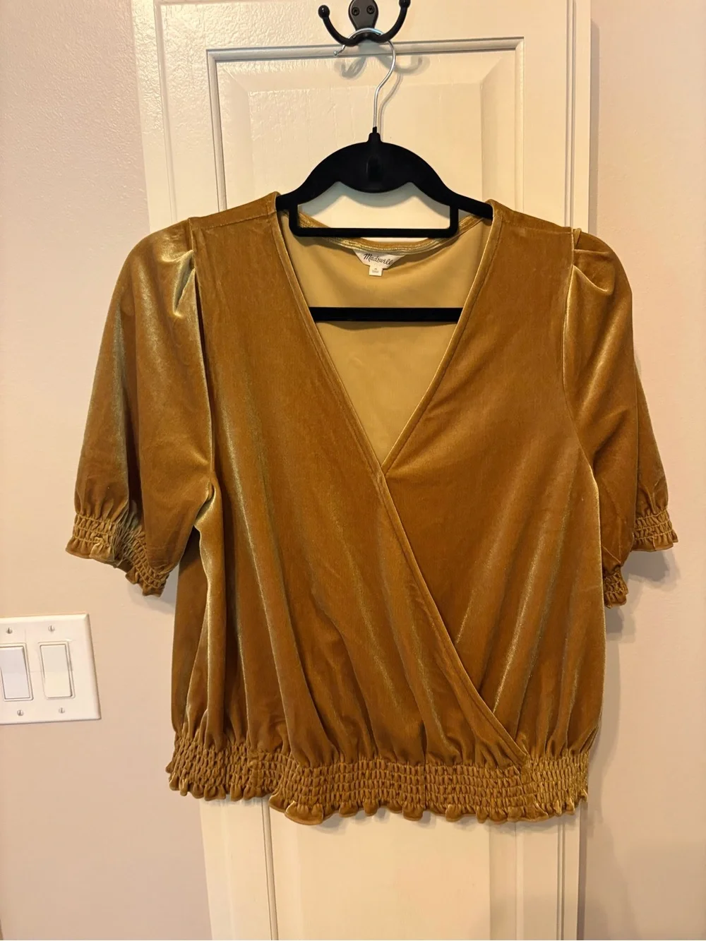 Madewell Velvet Wrap V-Neck Puff Sleeve Top - Gold